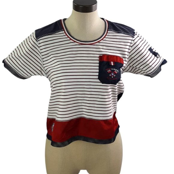 Cat Out La Marine Women sz M Cropped Shirt Front Stripes Mesh and Polyester back - Picture 1 of 9